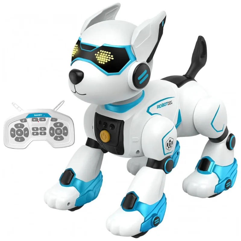 Robô Cachorro Programável Azul e Branco – YoJo-Tech, Controle Remoto, Voz, Imitador de Sons e Dança para Crianças