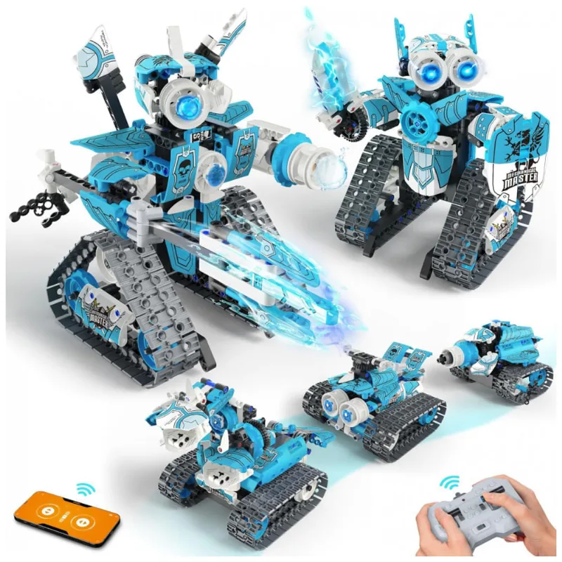 Kit Educativo de Engenharia Azul e Branco – Opmind 5-in-1 STEM RC Robot Building Kit com 398 Peças e Controle App/Bluetooth