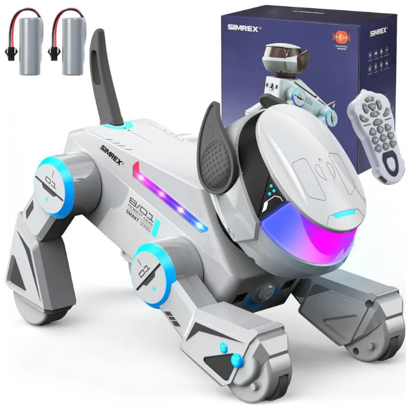 Robô Cachorro Programável Cinza – SIMREX, Cão Robótico Interativo com Bluetooth, Controle Remoto, Sensores de Toque e Dança