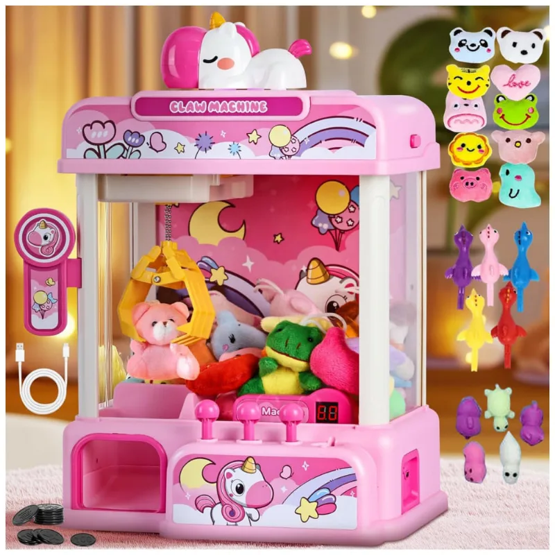 Máquina de Garra Rosa CWLAKON – Mini Arcade Infantil com 20 Prêmios, Luzes LED, Som e Temporizador de 60 Segundos