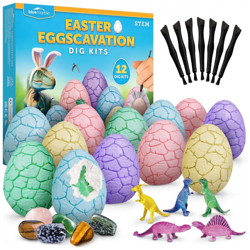 Kit de Escavação Ovo de Páscoa – 12 Blocos com Gemas Reais e Dinossauros que Brilham no Escuro, Brinquedo Educativo STEM, Presentes Criativos