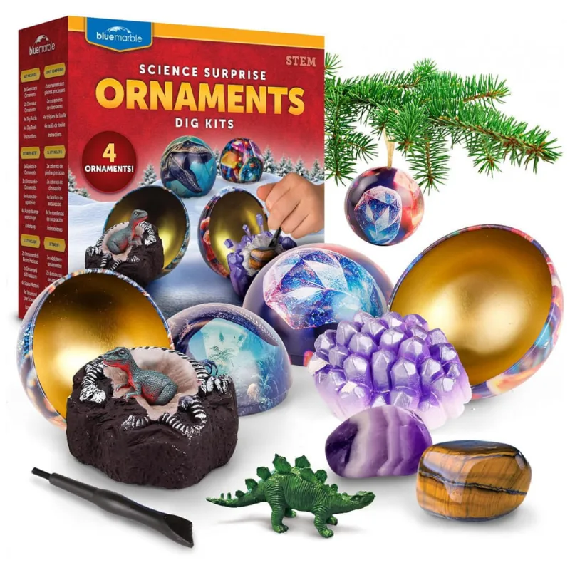 Blue Marble Science Surprise Christmas Ornament Kit para Crianças – 4 Ornamentos com Mini Kit de Escavação de Gemas e Dinossauros