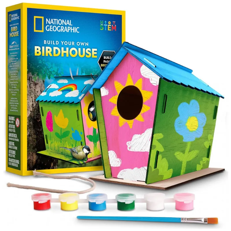 Kit de Construção de Casa de Pássaros National Geographic Faça Você Mesmo - Artesanato de Casa de Pássaro de Madeira com Tintas, Pincel e Diário