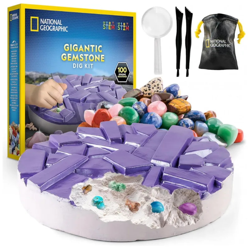 Kit de Escavação Gigante de Gemas Reais – Brinquedo Educativo, STEM para Crianças com 100 gemas, Presente Criativo, National Geographic