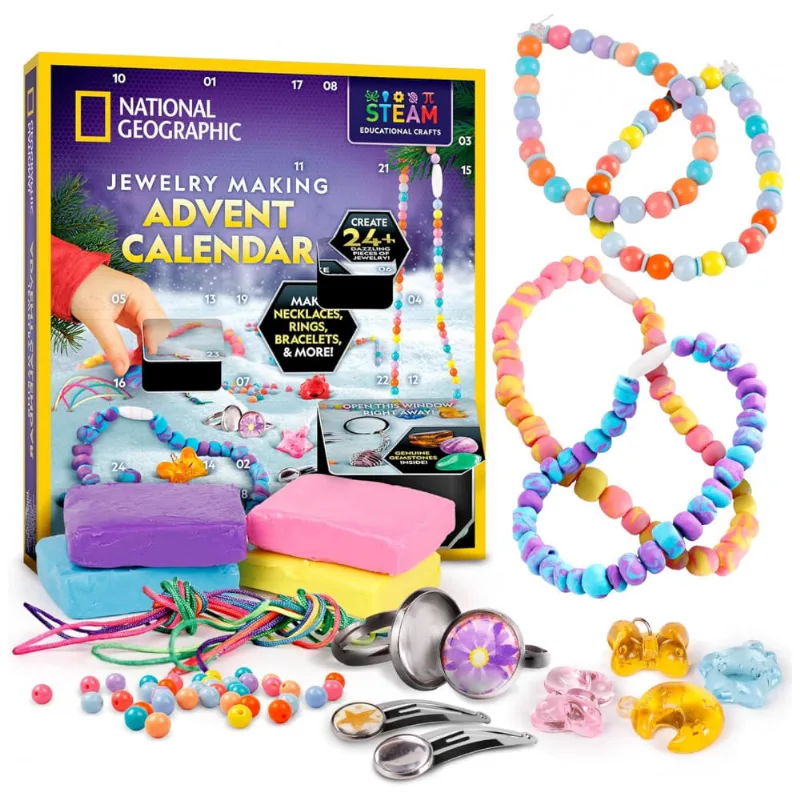 Calendário do Advento 2025 para Fazer Joias Multicolor, Crie 24+ Peças, Kit Artesanato Educativo, Contagem Regressiva National Geographic