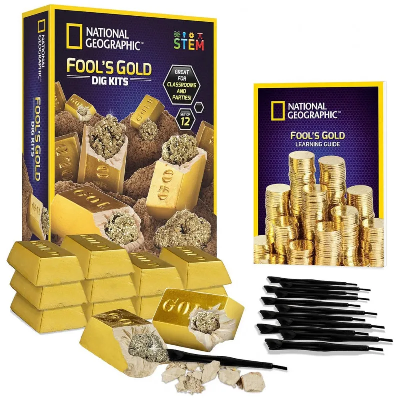 National Geographic Fool’s Gold Dig Kit Party Pack – 12 Gold Bar Dig Bricks com 2-3 Especimens de Pirita, Kit Educacional STEM para Crianças