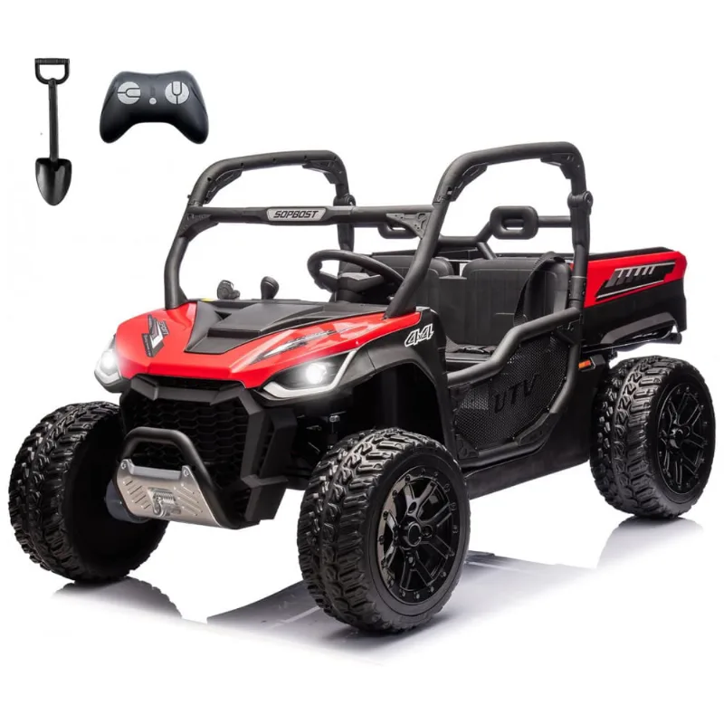 UTV Infantil Elétrico Sopbost Vermelho 24V 2 Lugares 4 Motores 75W Caçamba Grande Automática 4WD Pneus EVA Controle Bluetooth 10Ah