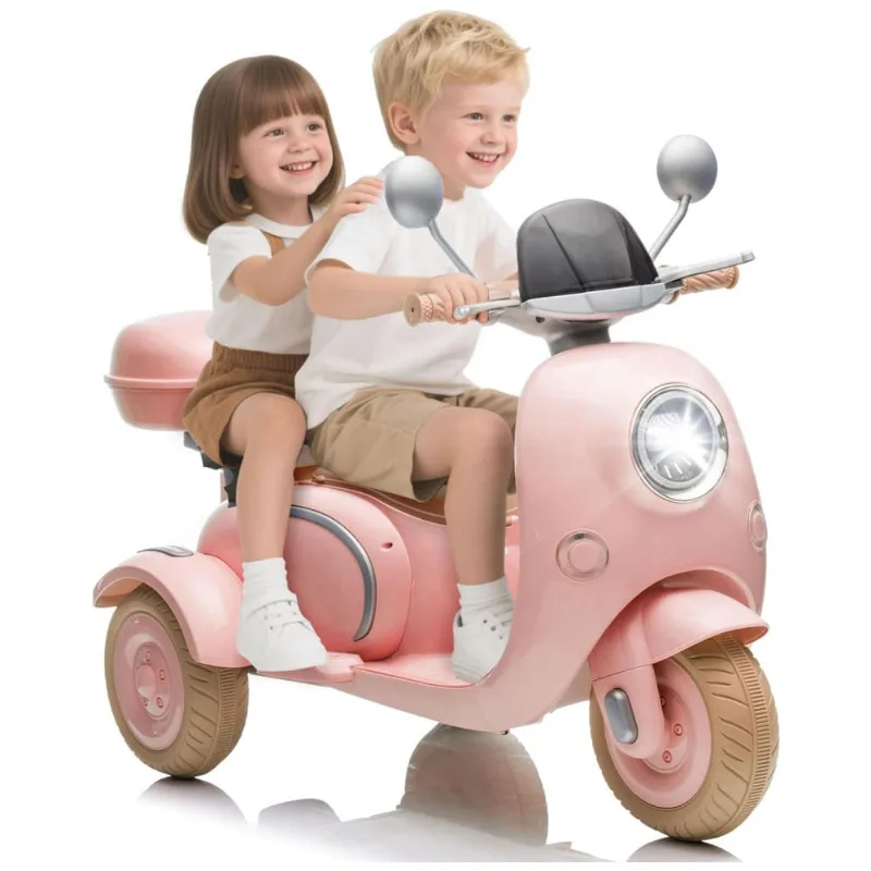 Moto Elétrica Infantil NEWDOOD 12V Rosa Claro 2 Lugares 3 Rodas Bluetooth USB Baú Lento Start Estabilidade