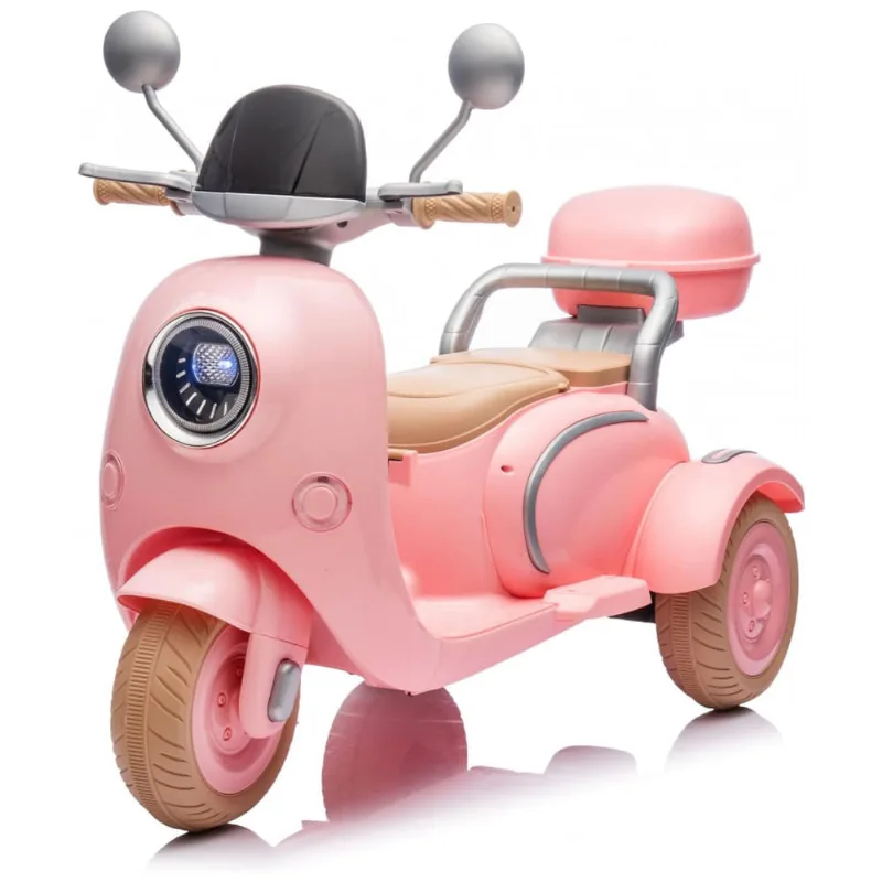 Moto Elétrica Infantil 2 Lugares Okybaby Rosa Claro, 12V, 3 Rodas Duplo Motor Bluetooth USB Painel LED 3 Velocidades Suspensão Baú