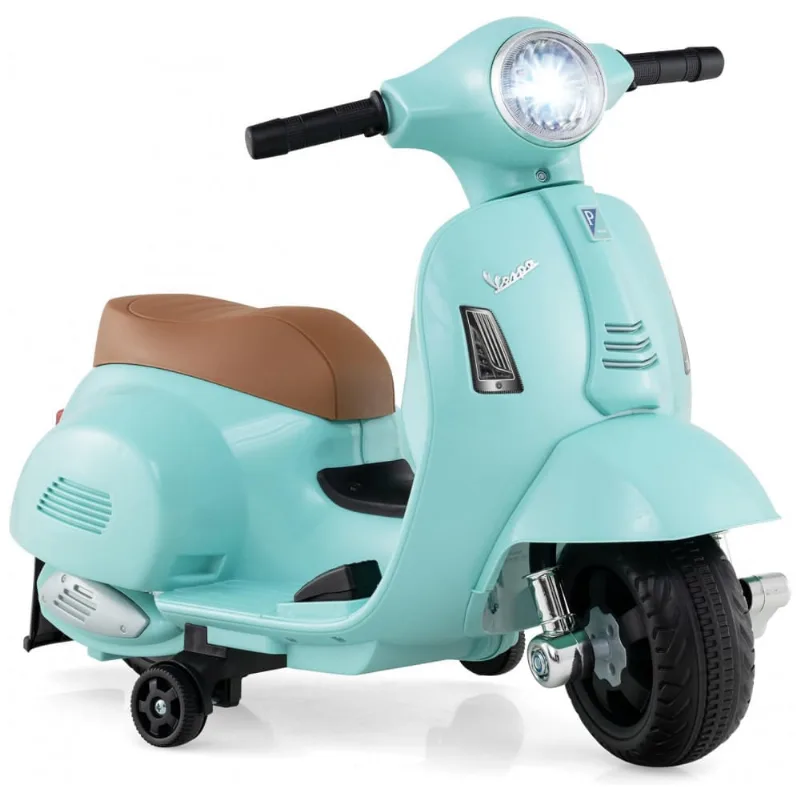 Moto Elétrica Infantil Vespa OLAKIDS Verde Água 6V Licenciada Rodas de Treinamento Farol LED Buzina Estrutura Metálica 3 Rodas