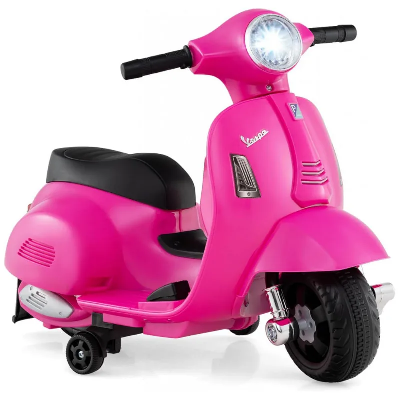 Moto Elétrica Infantil Vespa OLAKIDS Rosa 6V Licenciada Rodas de Treinamento Farol LED Buzina Estrutura Metálica 3 Rodas