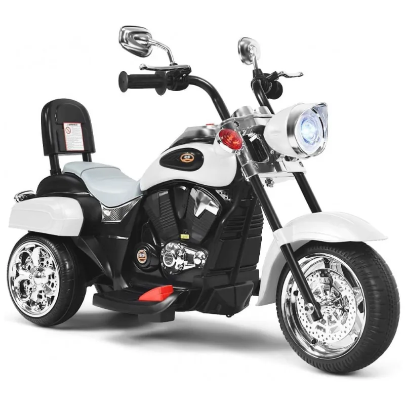 Moto Elétrica Infantil Chopper OLAKIDS Branca 6V 3 Rodas de Treinamento Farol LED Buzina Suspensão Estrutura Metálica 3 km/h