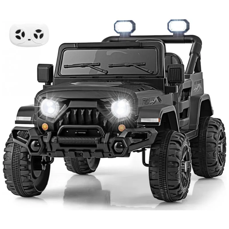 Carro Elétrico Infantil OLAKIDS Preto 12V Controle Remoto Jeep LED Bluetooth 2 Velocidades Suspensão Música USB MP3 3-8 Anos