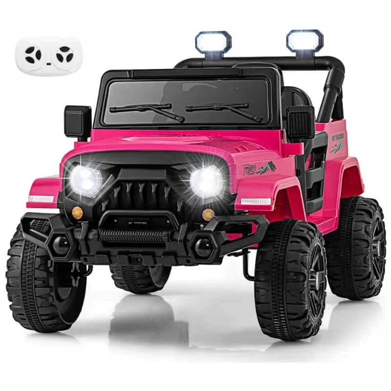 Carro Elétrico Infantil OLAKIDS Rosa 12V Controle Remoto Jeep LED Bluetooth 2 Velocidades Suspensão Música USB MP3 3-8 Anos