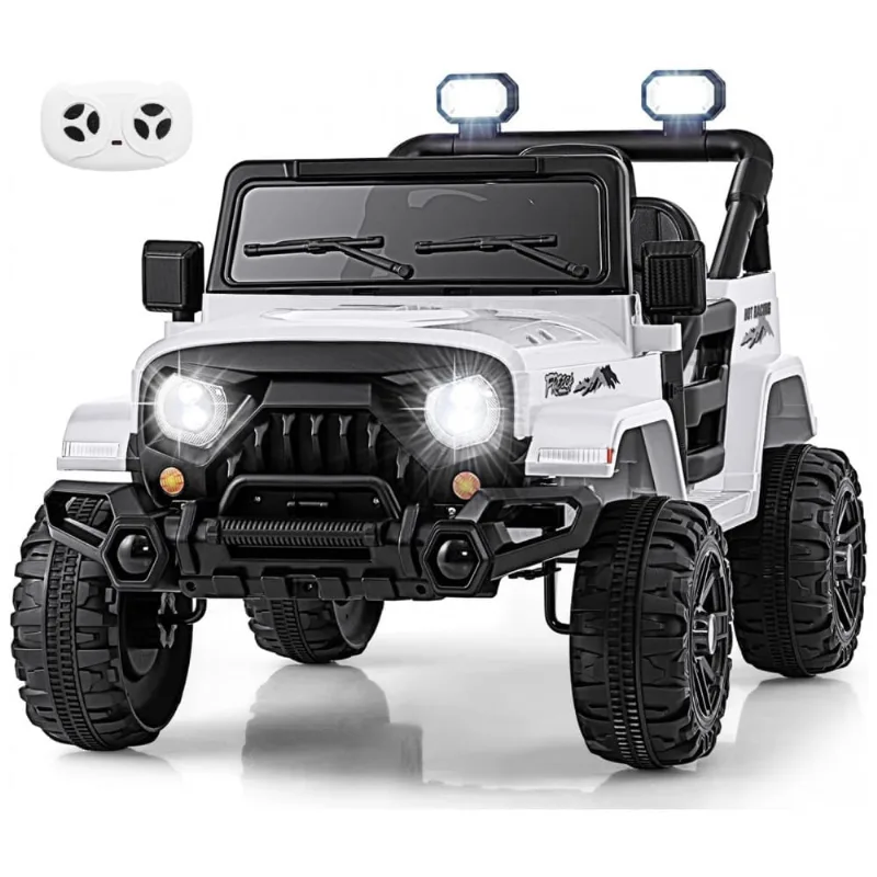 Carro Elétrico Infantil OLAKIDS Branco 12V Controle Remoto Jeep LED Bluetooth 2 Velocidades Suspensão Música USB MP3 3-8 Anos