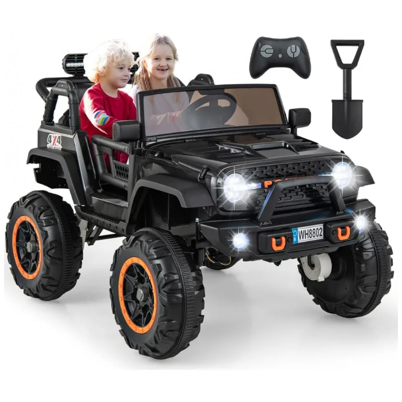 Carro Elétrico Infantil 2 Lugares OLAKIDS Preto 24V 2WD/4WD Jeep 4x550W Controle Remoto LED Suspensão Música 20" Assento Duplo