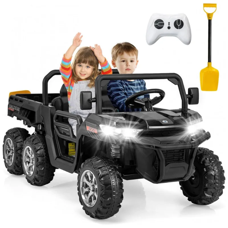 Caminhão Basculante Elétrico Infantil OLAKIDS Preto 24V 2 Lugares 4WD 6x6 Caçamba Elétrica Suspensão Controle Remoto 4x90W