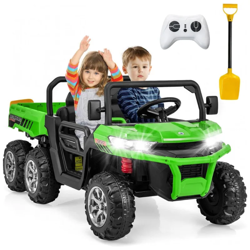 Caminhão Basculante Elétrico Infantil OLAKIDS Verde 24V 2 Lugares 4WD 6x6 Caçamba Elétrica Suspensão Controle Remoto 4x90W