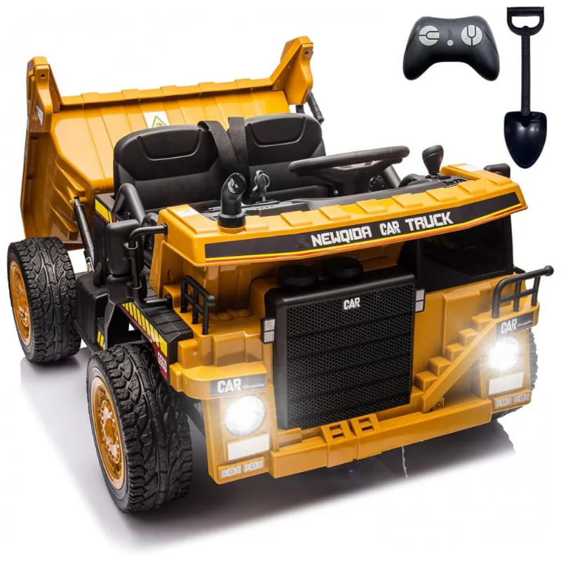Caminhão Basculante Infantil Elétrico NEWQIDA Amarelo 24V 2 Motores Pá Remota Caçamba Elétrica Bluetooth LED Bancos 19"
