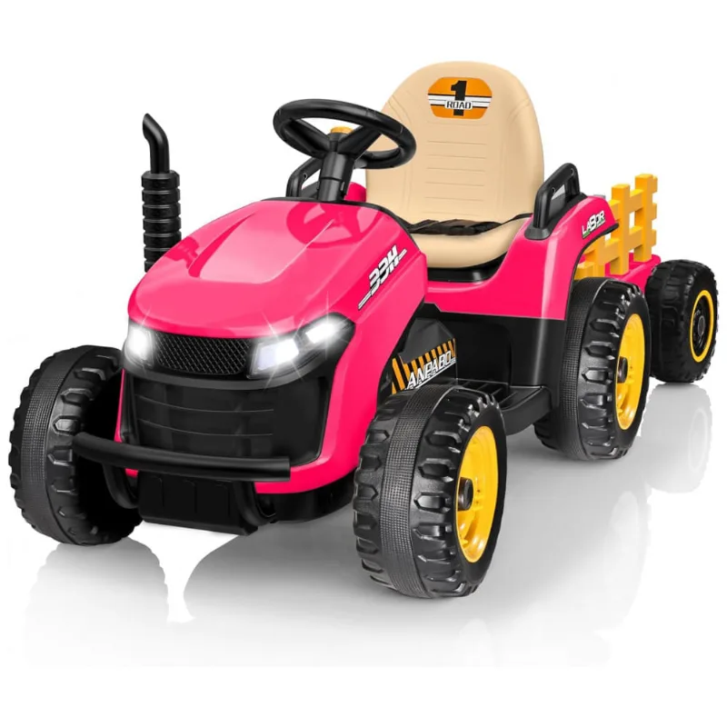 Trator Infantil Elétrico ANPABO Rosa 24V, Trailer Basculante Removível, Pneus EVA, Controle Remoto com Som Realista e Bluetooth