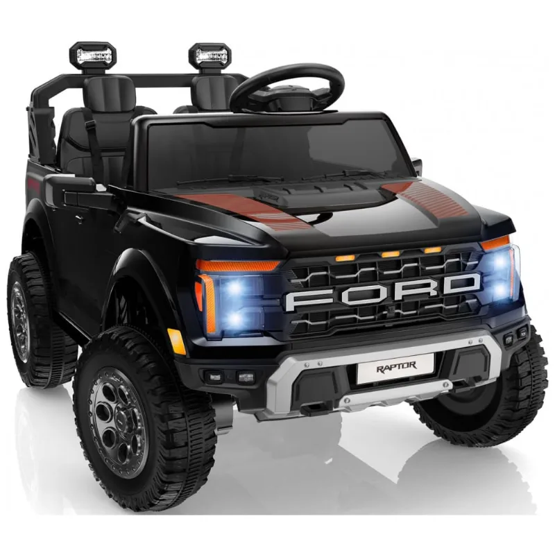 Carro Elétrico Infantil Licenciado Ford F-150 Raptor 24V Preto 2 Lugares com Controle Remoto, Bluetooth, Luzes LED, Baú e Partida Suave