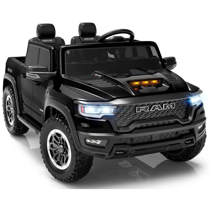 Carro Elétrico Infantil RAM 1500 24V Preto 2 Lugares com Controle Remoto, Bluetooth, Luzes LED, Baú e Cinto de Segurança