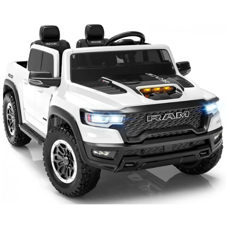 Carro Elétrico Infantil RAM 1500 24V Branco 2 Lugares com Controle Remoto, Bluetooth, Luzes LED, Baú e Cinto de Segurança