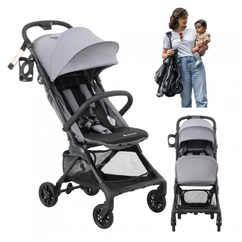Carrinho compacto BabbleRoo Hoplite Cinza Carvão - Leve 5,6 kg, Estrutura em Liga de Aço, Reclinação 175°, Capota Impermeável UPF 50+
