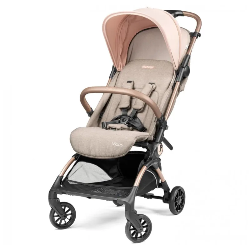Carrinho de Bebê Peg Perego Volo Mon Amour Bege e Rosa, Ultra Leve 5,44 kg, Dobrável Compacto, Assento Reclinável, Capota UPF 50+, Cinto 5 Pontos