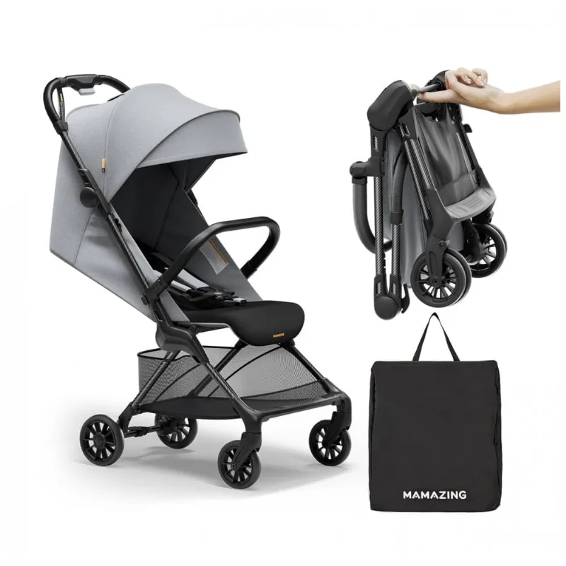 Carrinho de Bebê MAMAZING Ultra Air X Cinza Fibra de Carbono, Ultra-leve < 4,5 kg, Reclínio Ajustável, Capota UPF 50+, Bolsa Viagem