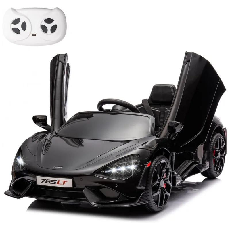 Carro Elétrico Infantil McLaren765LT MUKIDY Preto 12V, Controle Remoto, Música, Luzes LED, 3 Velocidades, Cinto Segurança, Modelo Licenciado