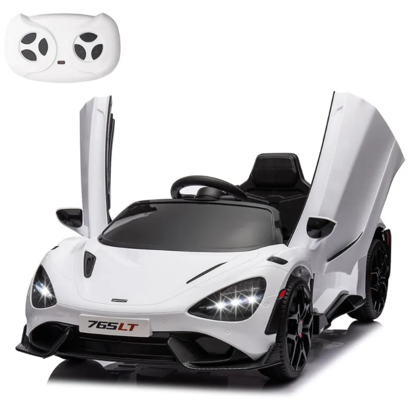 Carro Elétrico Infantil McLaren765LT MUKIDY Branco 12V, Controle Remoto, Música, Luzes LED, 3 Velocidades, Cinto Segurança, Modelo Licenciado