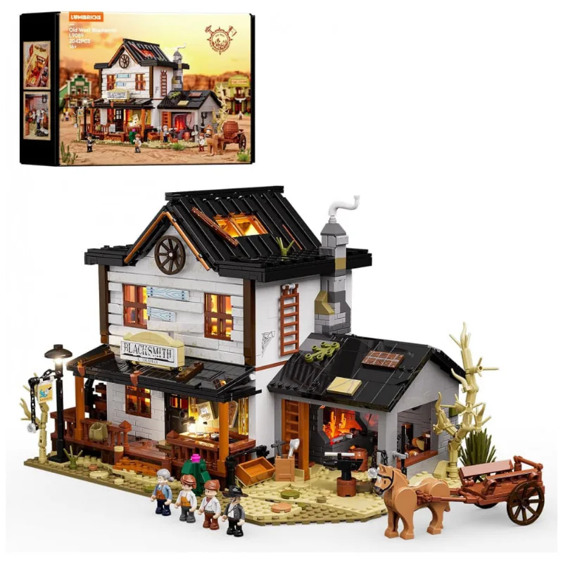 Conjunto de blocos de montar Lumibricks Old West Blacksmith com iluminação LED, forja Velho Oeste clássica, 2042 peças