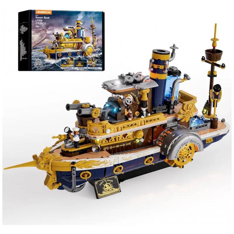 Conjunto de blocos de montar Lumibricks Steampunk Steamship navio a vapor steampunk com iluminação LED, 1792 peças