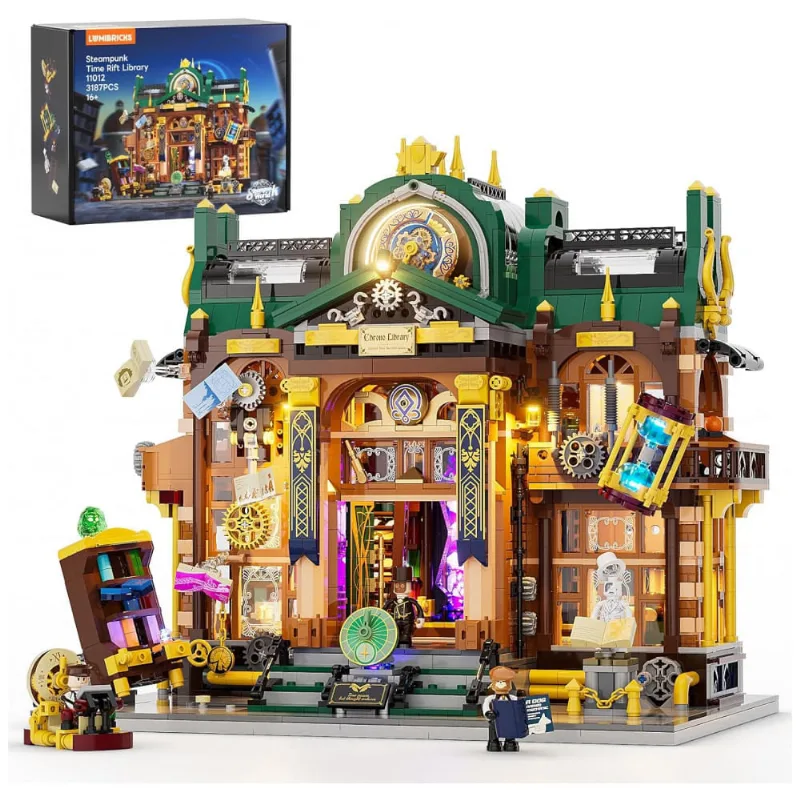 Biblioteca Fenda Temporal Steampunk Lumibricks Multicolorida 17 LEDs, 3187 Peças, 5 Interações Frontais, 16+ Anos