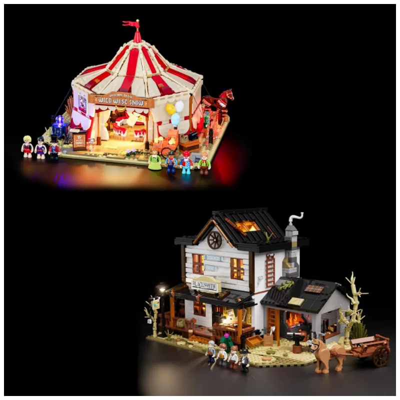Lumibricks Travelling Circus 1962 peças + Old West Blacksmith 2042 peças cenário Velho Oeste com forja e circo iluminados