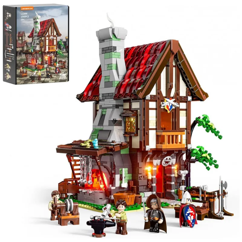 Casa de Forja Medieval Lumibricks com iluminação LED 1595 peças temática ferreiro medieval