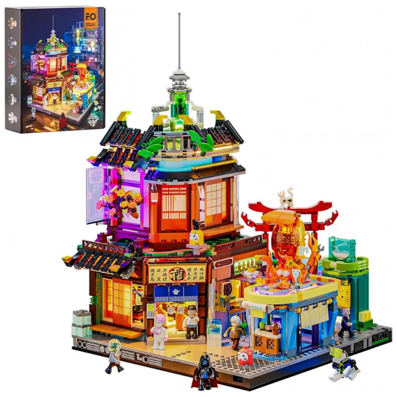 Kit Construção FUNWHOLE Izakaya Japonês Cyberpunk com Iluminação LED, 1987 Peças, Sistema Modular USB, Modelo F9073