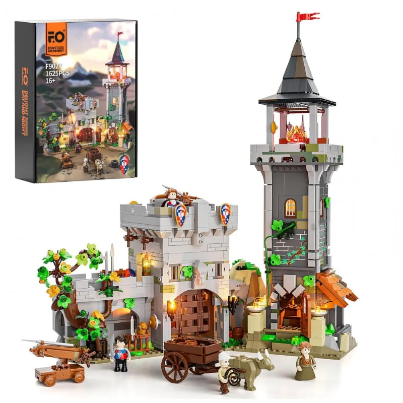 Miniatura Castelo Medieval FUNWHOLE Torre de Vigia + Luzes + 1625 Peças + Figuras + Porta Móvel - Modelo F9027 110V