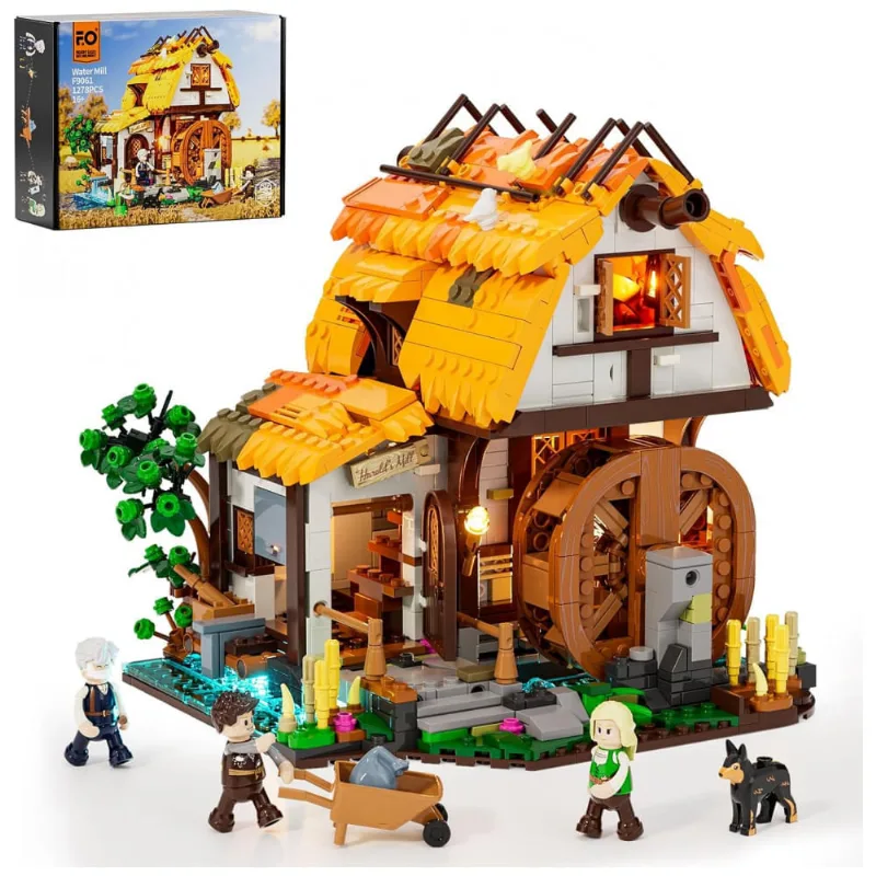 Conjunto de Blocos de Montar FUNWHOLE Moinho d'Água Medieval LED, 1278 Peças, Roda Giratória Mecânica, 7 LEDs, Modelo F9061-MT