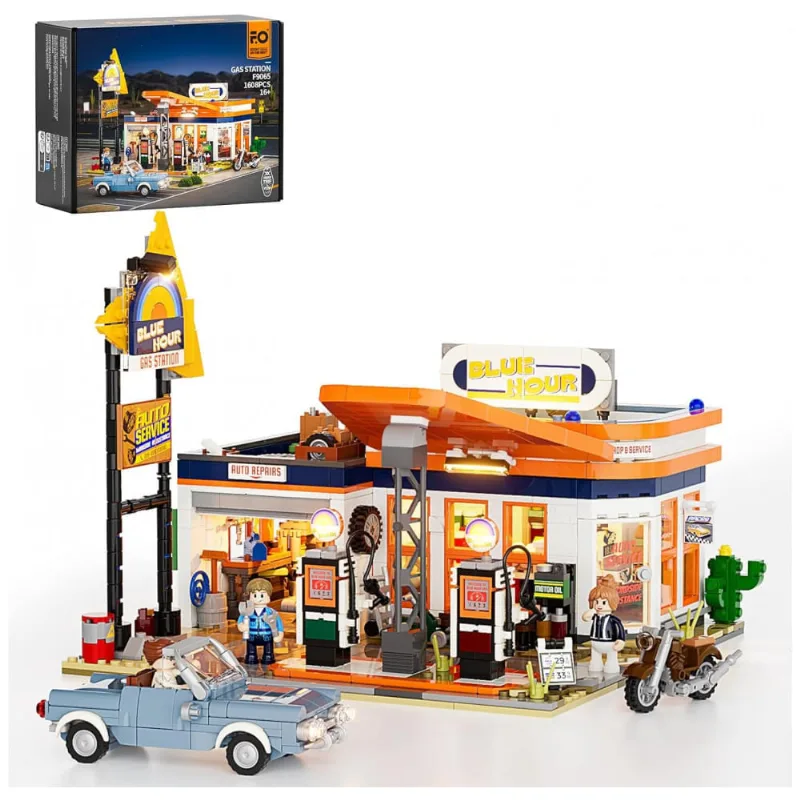 Conjunto de Blocos de Montar FUNWHOLE Posto de Gasolina LED, 1608 Peças, Veículos Retrô, Temática Viagem Estrada, Modelo F9065-MT-EU
