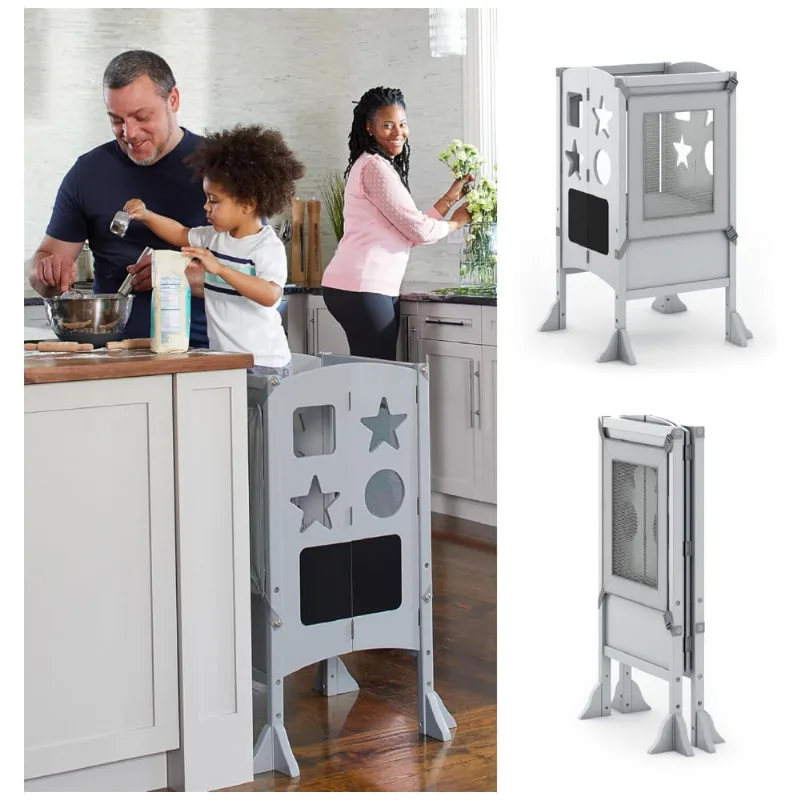 Banqueta Torre de Aprendizagem Dobrável Guidecraft Classic Kitchen Helper Cinza Madeira Bétula Altura Ajustável