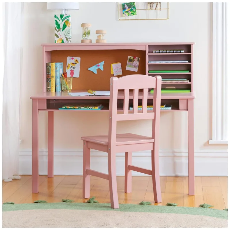 Mesa Infantil Guidecraft Rosa + Cadeira + Estante Embutida + Painel de Cortiça + 5 Nichos Organizadores - Modelo Media Desk