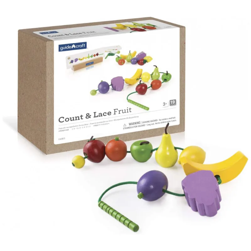 Brinquedo de encaixar Guidecraft Count and Lace Fruit em madeira com 24 frutas coloridas e 2 cordões para sequências e contagem