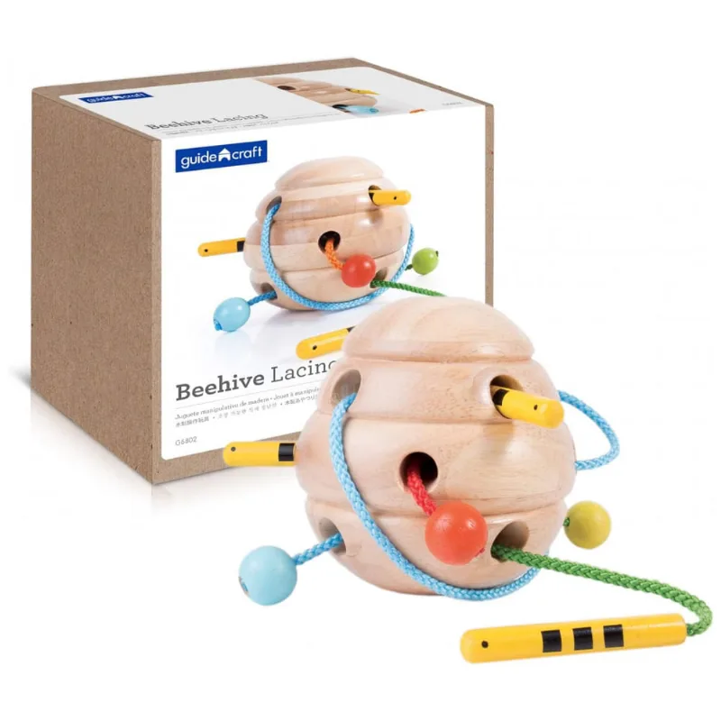 Brinquedo de encaixar Guidecraft Beehive Lacing em madeira com colmeia e 3 abelhas em cordões coloridos