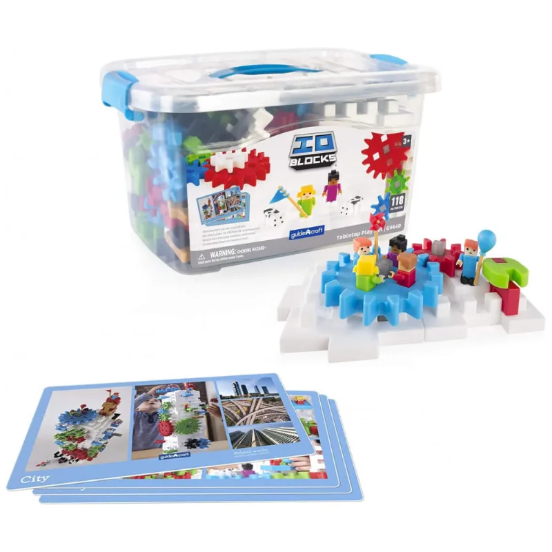 Blocos de construção interligáveis Guidecraft IO Blocks Tabletop System com 118 peças, engrenagens, e base de montagem para atividades STEM