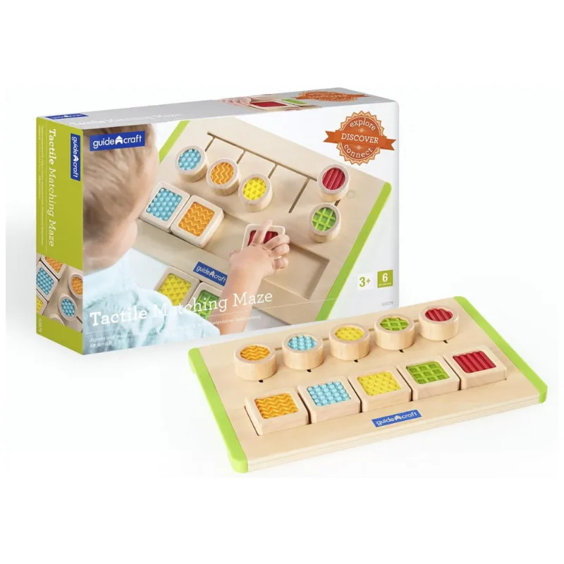 Jogo tátil de encaixe Guidecraft Colorful Tactile Matching Maze em madeira com peças sensoriais para associação de texturas e cores