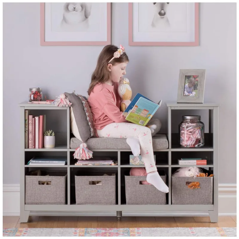 Cantinho de Leitura Infantil Martha Stewart Cinza Madeira com Assento Almofadado 6 Prateleiras 4 Cestos G76800