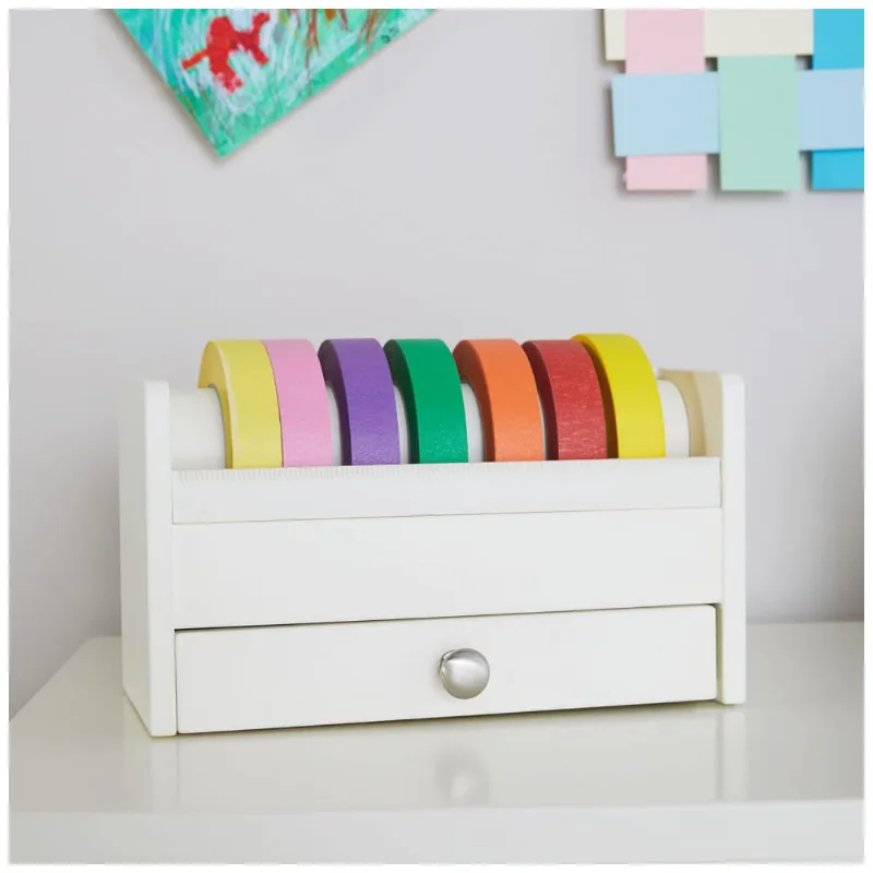 Dispenser de fitas infantil Martha Stewart Crafting Kids Linen White em madeira com gaveta para acessórios e suporte para múltiplos rolos