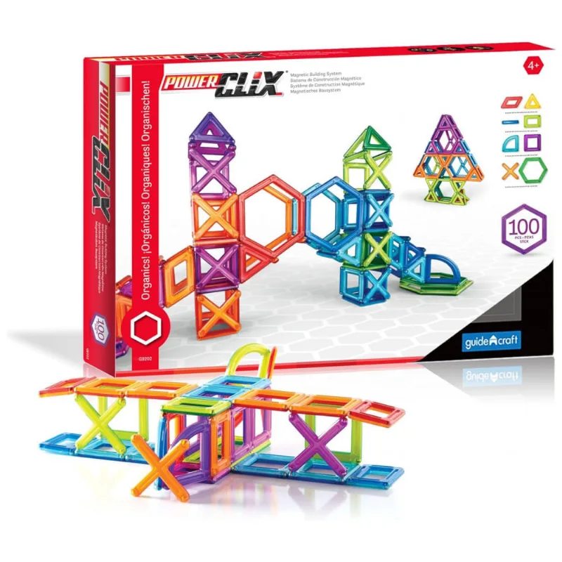 Conjunto de blocos magnéticos PowerClix Frames Guidecraft com 100 peças coloridas para construção 3D e atividades STEM